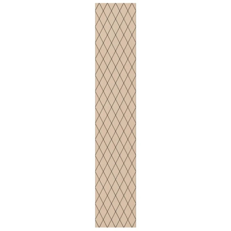 Front view of a tall oak-effect acoustic MDF wall panel with evenly spaced diamond-shaped milled grooves