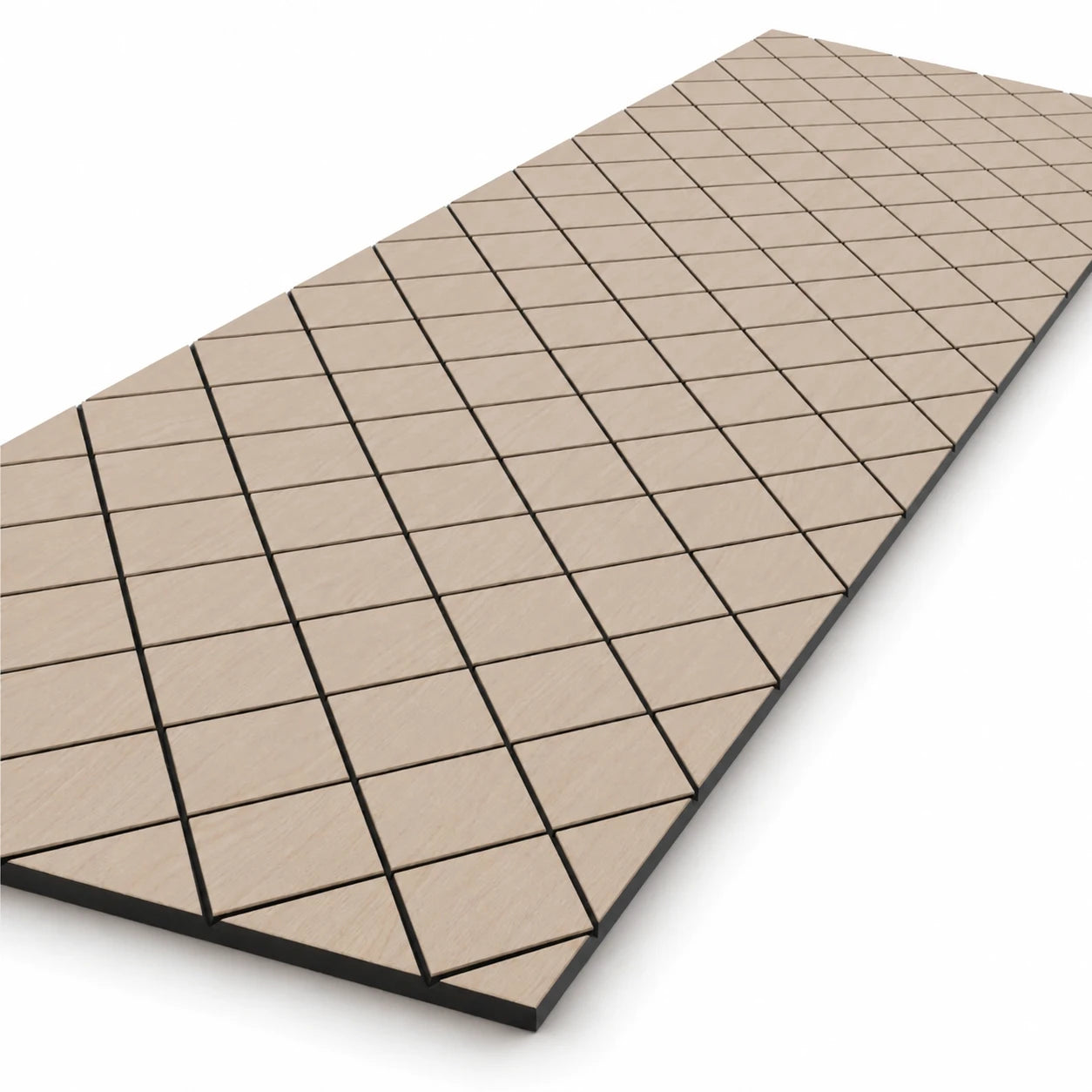 Angled close-up of an oak-effect GrooveCraft milled acoustic MDF panel with a diamond lattice pattern and black core