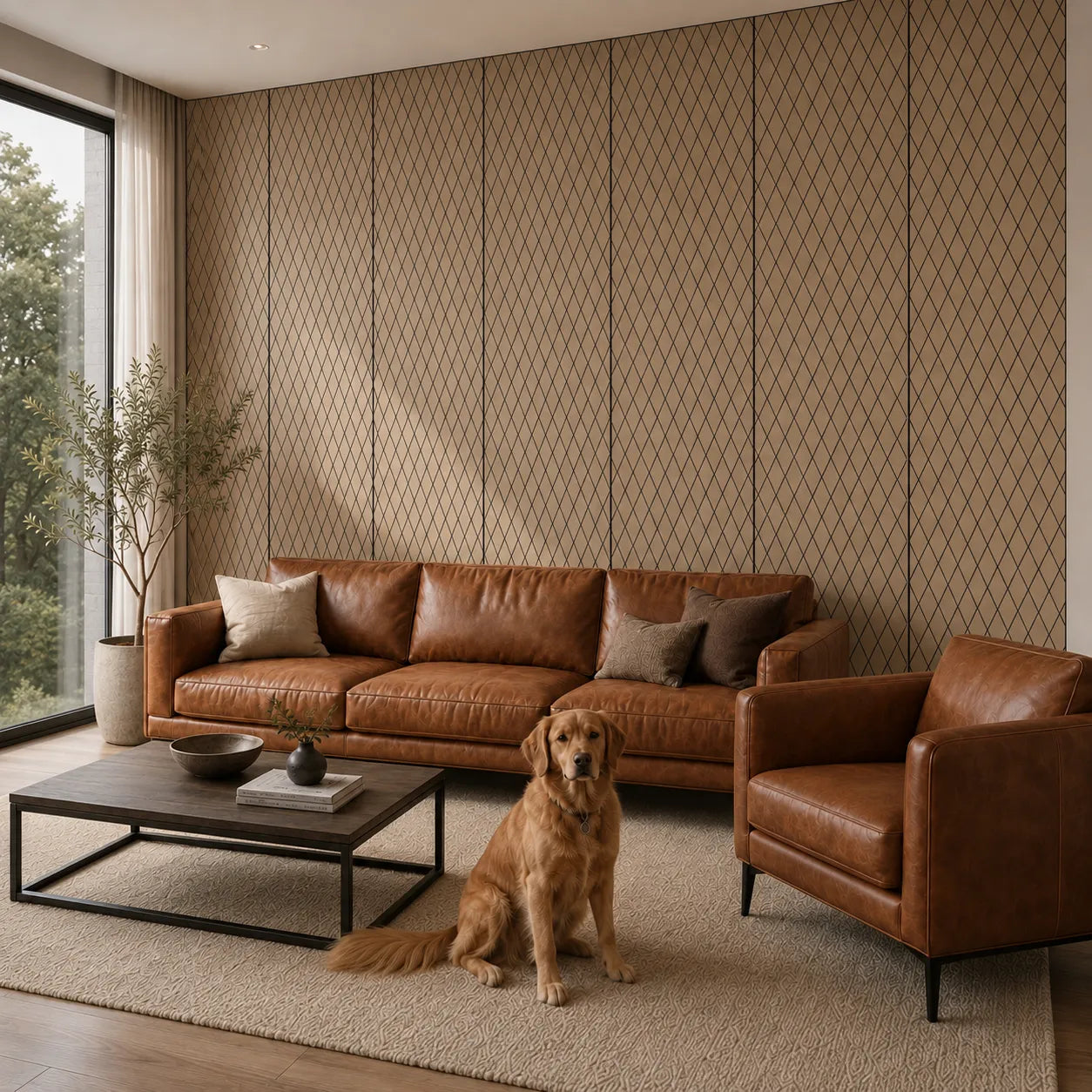 Angled view of a modern living room with natural oak MDF wall panels featuring black diamond grooves, brown leather seating