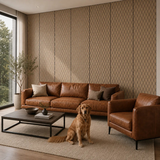Angled view of a modern living room with natural oak MDF wall panels featuring black diamond grooves, brown leather seating