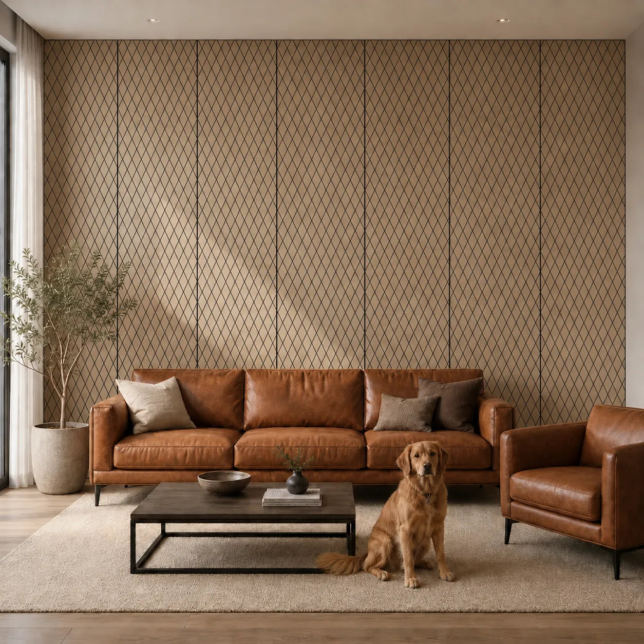 Front view of a modern living room with natural oak MDF wall panels featuring black diamond grooves, a brown leather sofa and armchair 