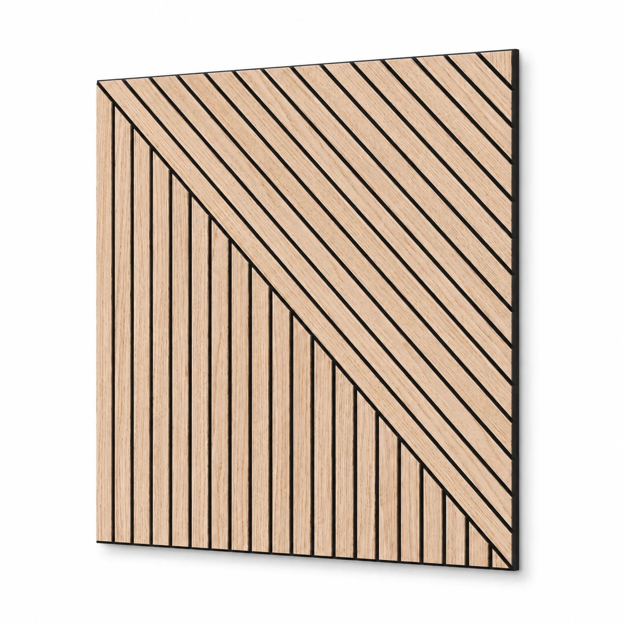Square oak-effect MDF acoustic wall panel with vertical and diagonal milled grooves on a white background