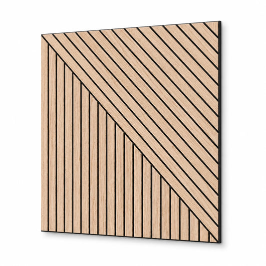Square oak-effect MDF acoustic wall panel with vertical and diagonal milled grooves on a white background