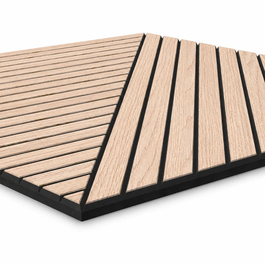 Close-up angled view of an oak-effect MDF acoustic panel showing the geometric grooves and black core