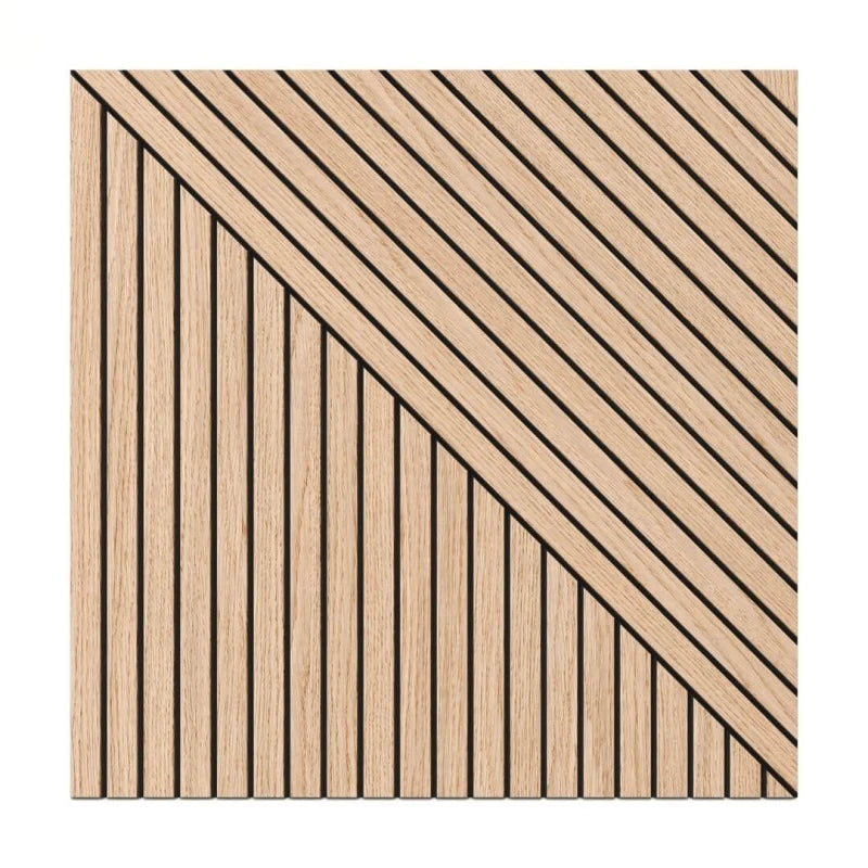 Front view of a square oak-effect MDF wall panel featuring contrasting vertical and diagonal grooves