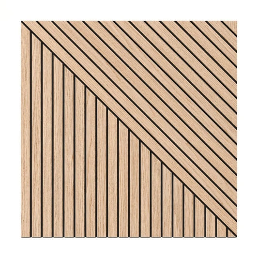 Front view of a square oak-effect MDF wall panel featuring contrasting vertical and diagonal grooves