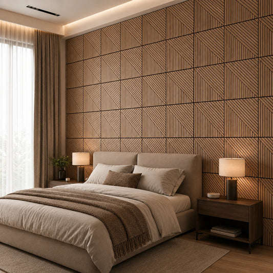 Modern bedroom viewed from the right with geometric oak wall panels, an upholstered bed and warm bedside lighting