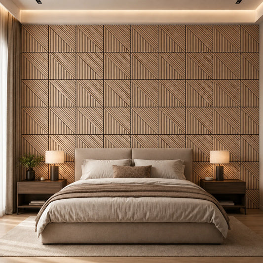 Front view of a modern bedroom with a symmetrical bed and a full wall of square geometric oak panels