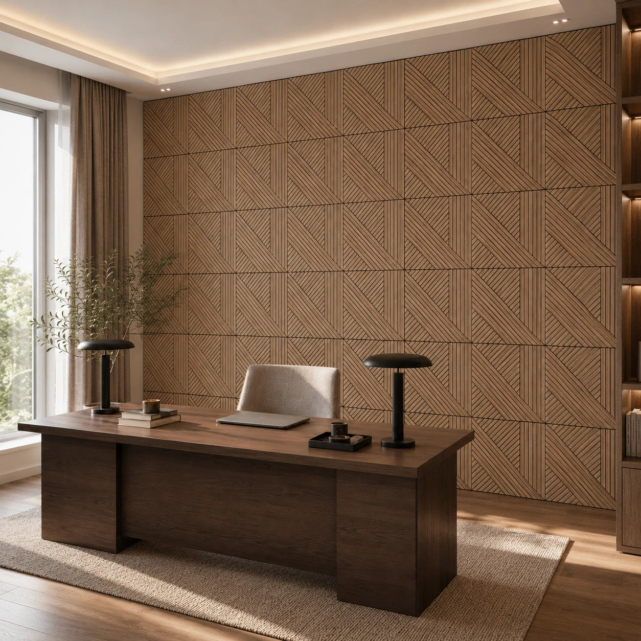 Modern home office with a dark wood desk and a feature wall finished with geometric oak veneer acoustic panels