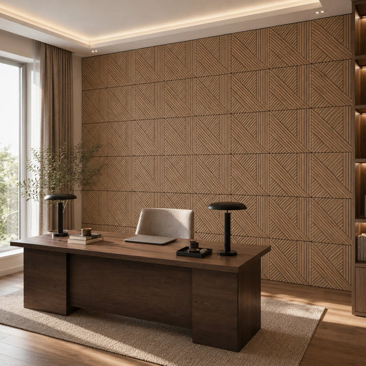 Modern home office with a dark wood desk and a feature wall finished with geometric oak veneer acoustic panels