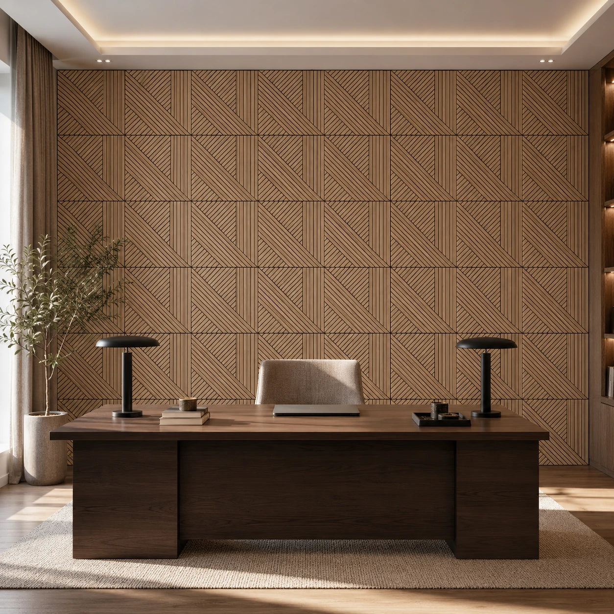 Front view of a modern home office with a dark wood desk and regularly arranged geometric oak acoustic wall panels