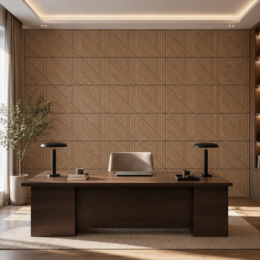Front view of a modern home office with a dark wood desk and regularly arranged geometric oak acoustic wall panels