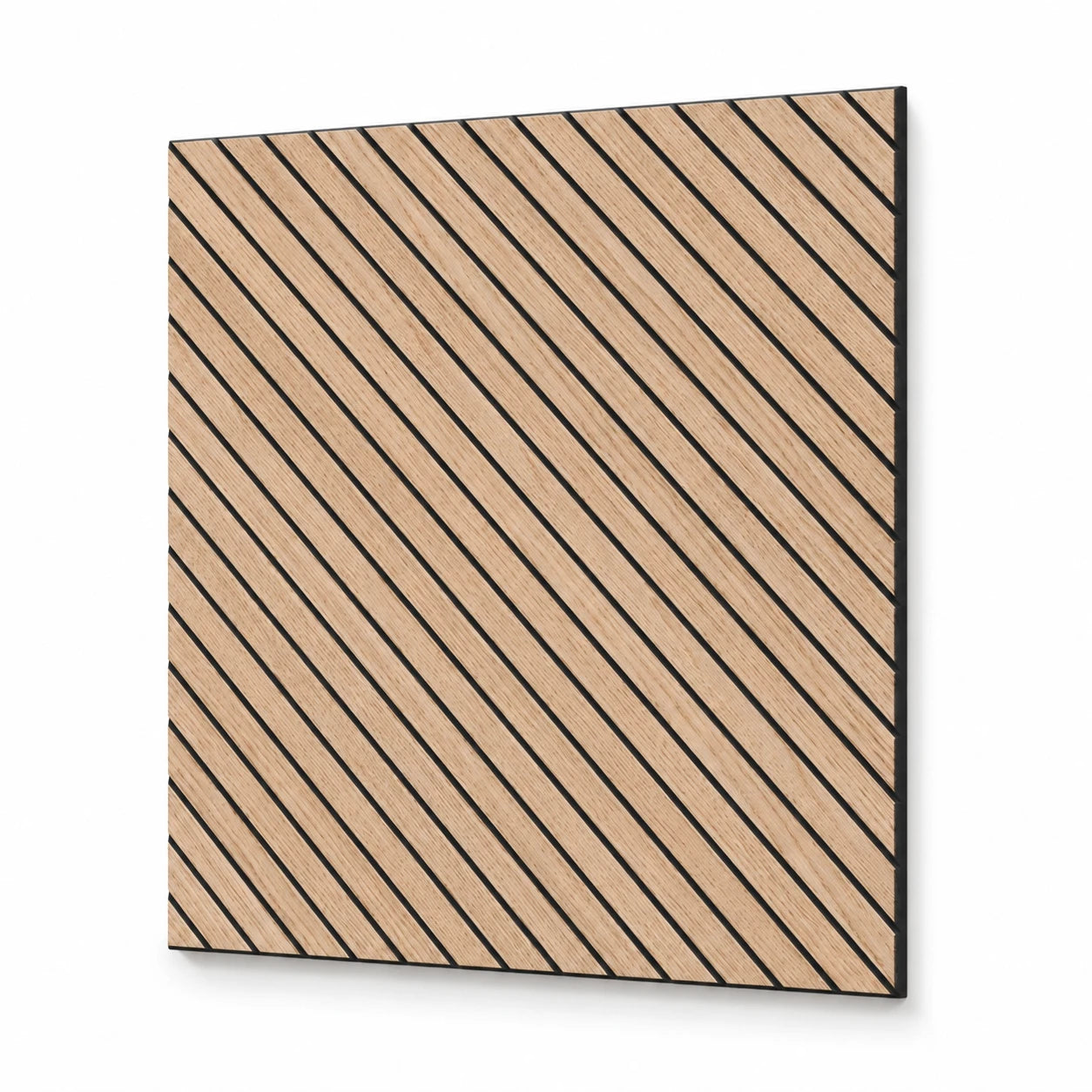 Square oak veneer MDF acoustic wall panel with diagonal milled grooves shown at an angle on a white background