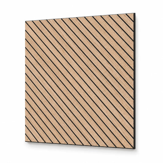 Square oak veneer MDF acoustic wall panel with diagonal milled grooves shown at an angle on a white background