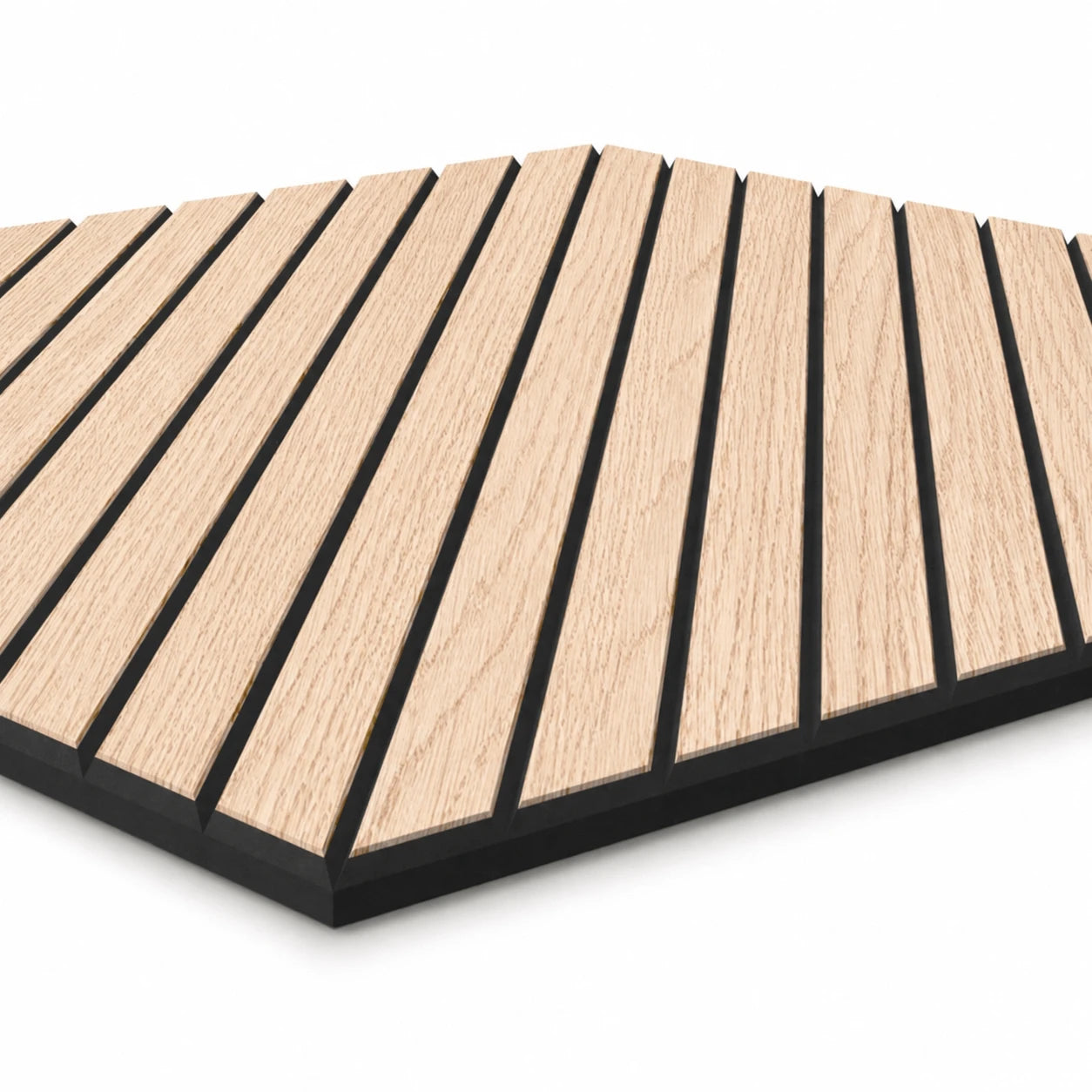 Close-up angled view of an oak veneer MDF acoustic panel showing diagonal grooves and the black MDF core
