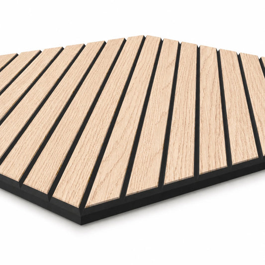 Close-up angled view of an oak veneer MDF acoustic panel showing diagonal grooves and the black MDF core