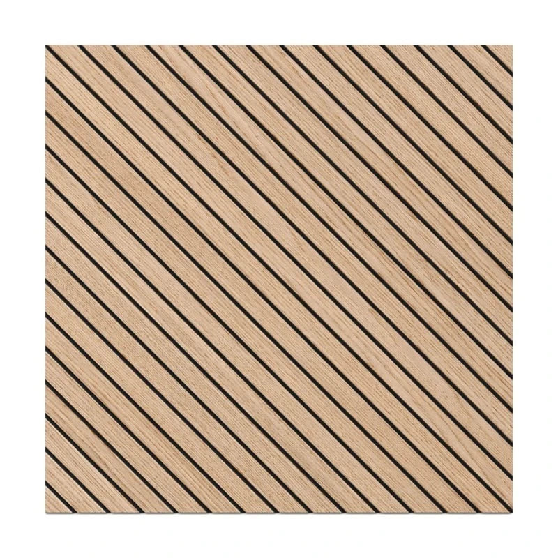 Front view of a square oak veneer MDF acoustic wall panel with evenly spaced diagonal black grooves