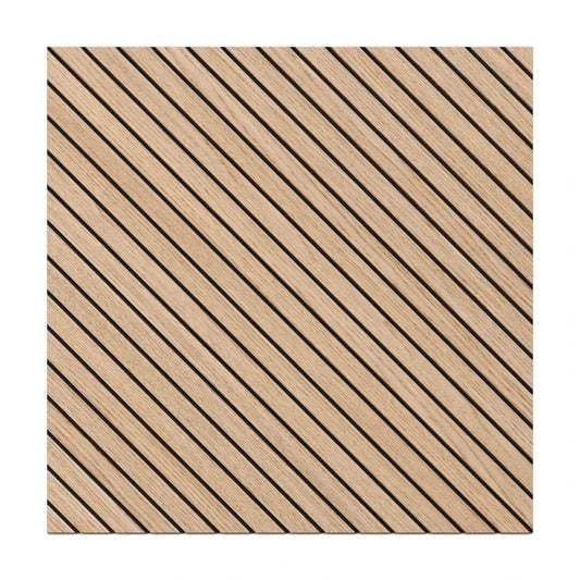 Front view of a square oak veneer MDF acoustic wall panel with evenly spaced diagonal black grooves