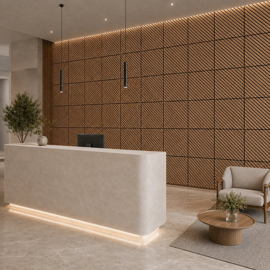 Modern office reception with oak veneer MDF acoustic wall panels featuring diagonal black grooves