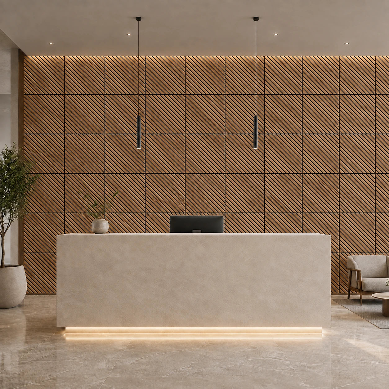 Front view of a modern office reception with a feature wall of square oak veneer MDF acoustic panels