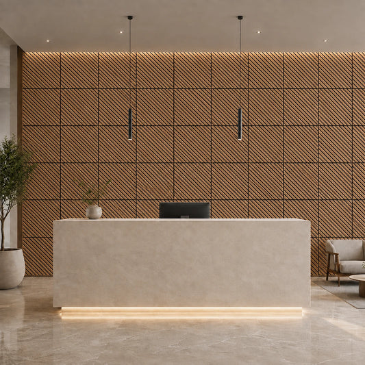 Front view of a modern office reception with a feature wall of square oak veneer MDF acoustic panels
