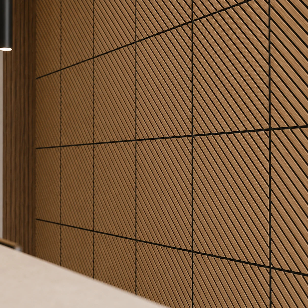 Close-up of oak veneer MDF acoustic wall panels showing diagonal grooves, square joints and textured relief
