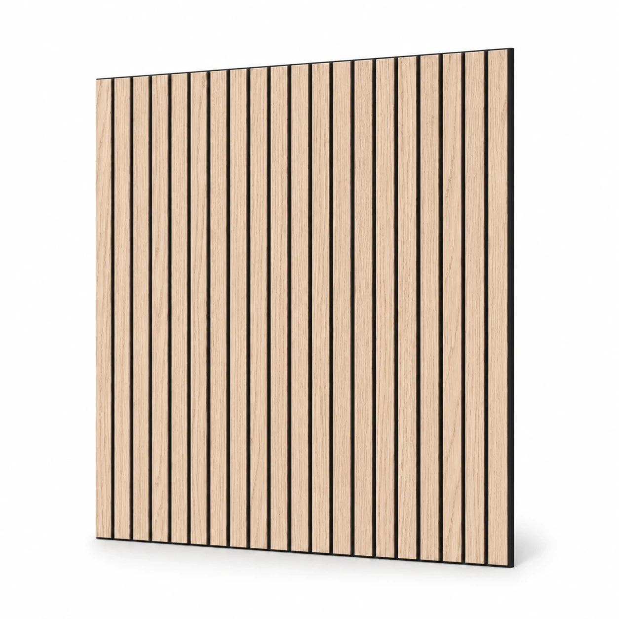 GrooveCraft milled acoustic wall panel with vertical oak veneer slats on a black MDF base shown at an angle