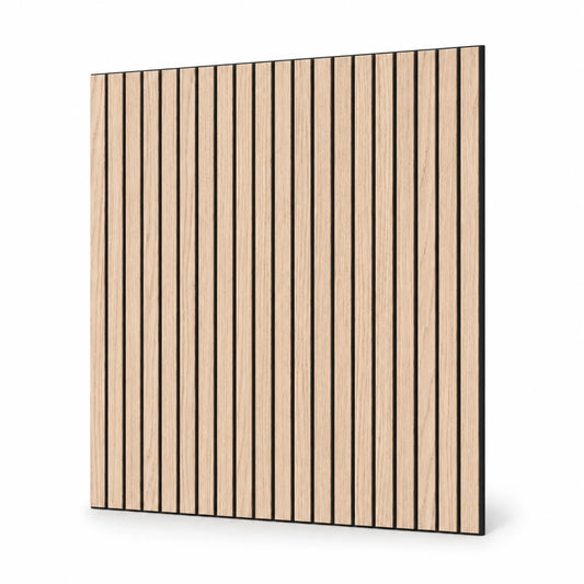 GrooveCraft milled acoustic wall panel with vertical oak veneer slats on a black MDF base shown at an angle