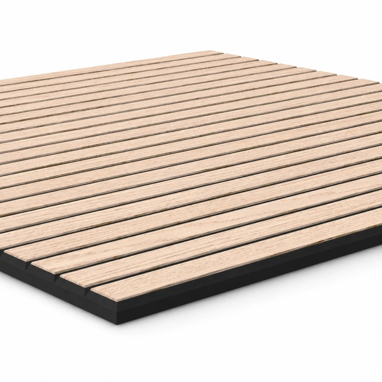 Close-up perspective view of an oak veneer acoustic panel with evenly spaced grooves and a black MDF base