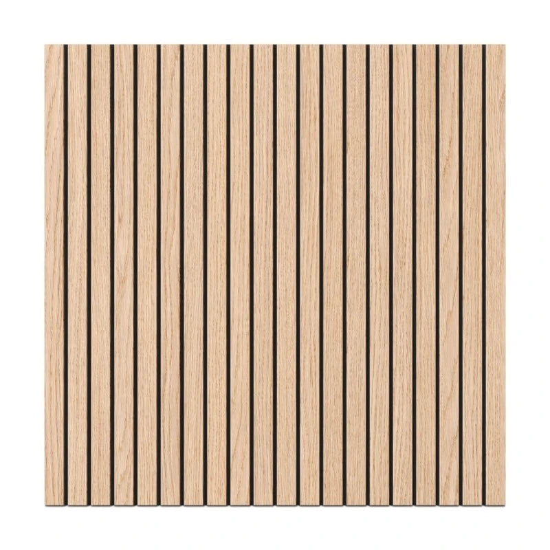 Front view of a square oak veneer acoustic wall panel with narrow vertical slats and black grooves