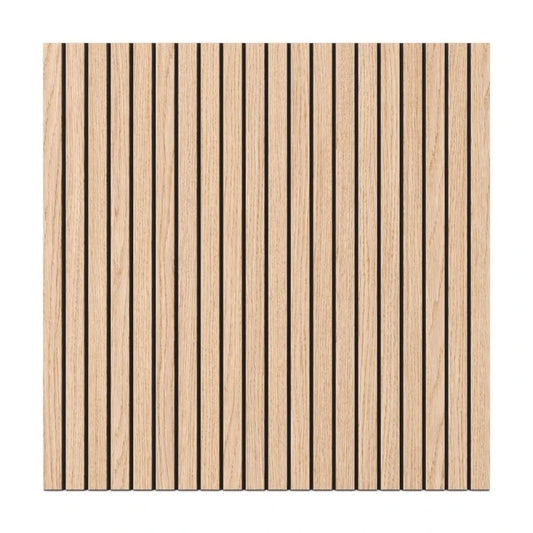 Front view of a square oak veneer acoustic wall panel with narrow vertical slats and black grooves