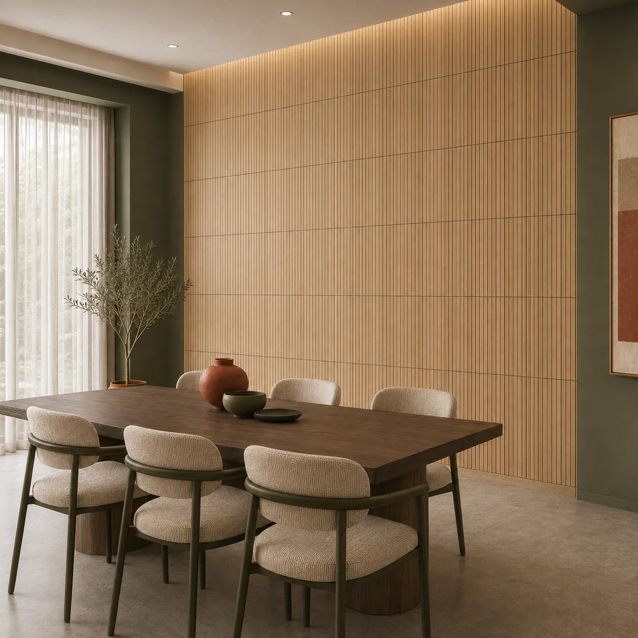 Modern dining room with a dark wood table, cream chairs and a full feature wall of oak-effect GrooveCraft milled MDF acoustic panels with fine vertical grooves
