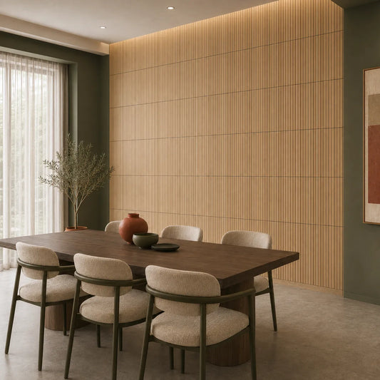 Modern dining room with a dark wood table, cream chairs and a full feature wall of oak-effect GrooveCraft milled MDF acoustic panels with fine vertical grooves