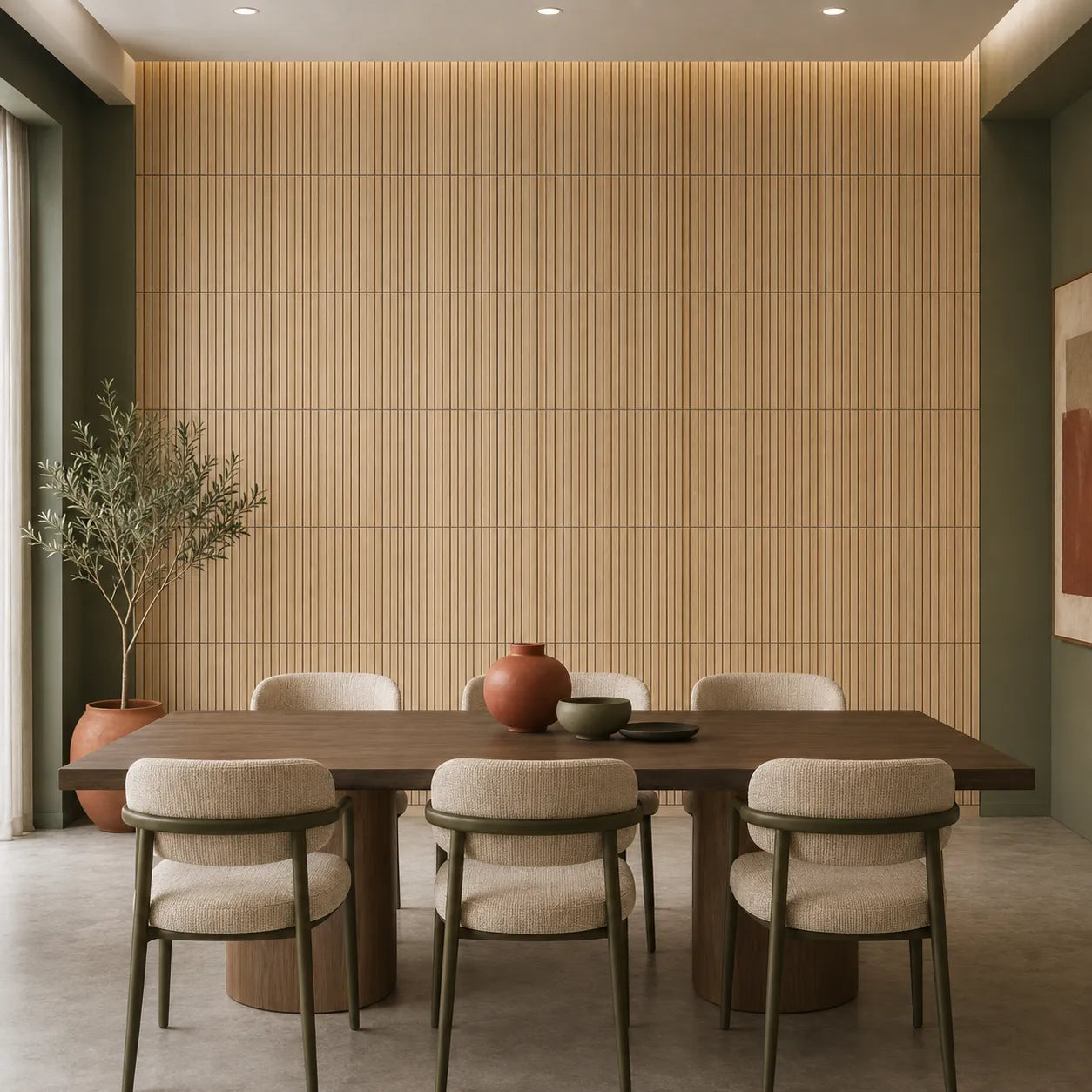 Front view of a contemporary dining room featuring oak-effect GrooveCraft milled MDF acoustic wall panels with slim vertical grooves and a regular square grid