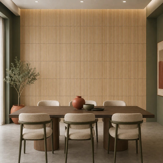 Front view of a contemporary dining room featuring oak-effect GrooveCraft milled MDF acoustic wall panels with slim vertical grooves and a regular square grid