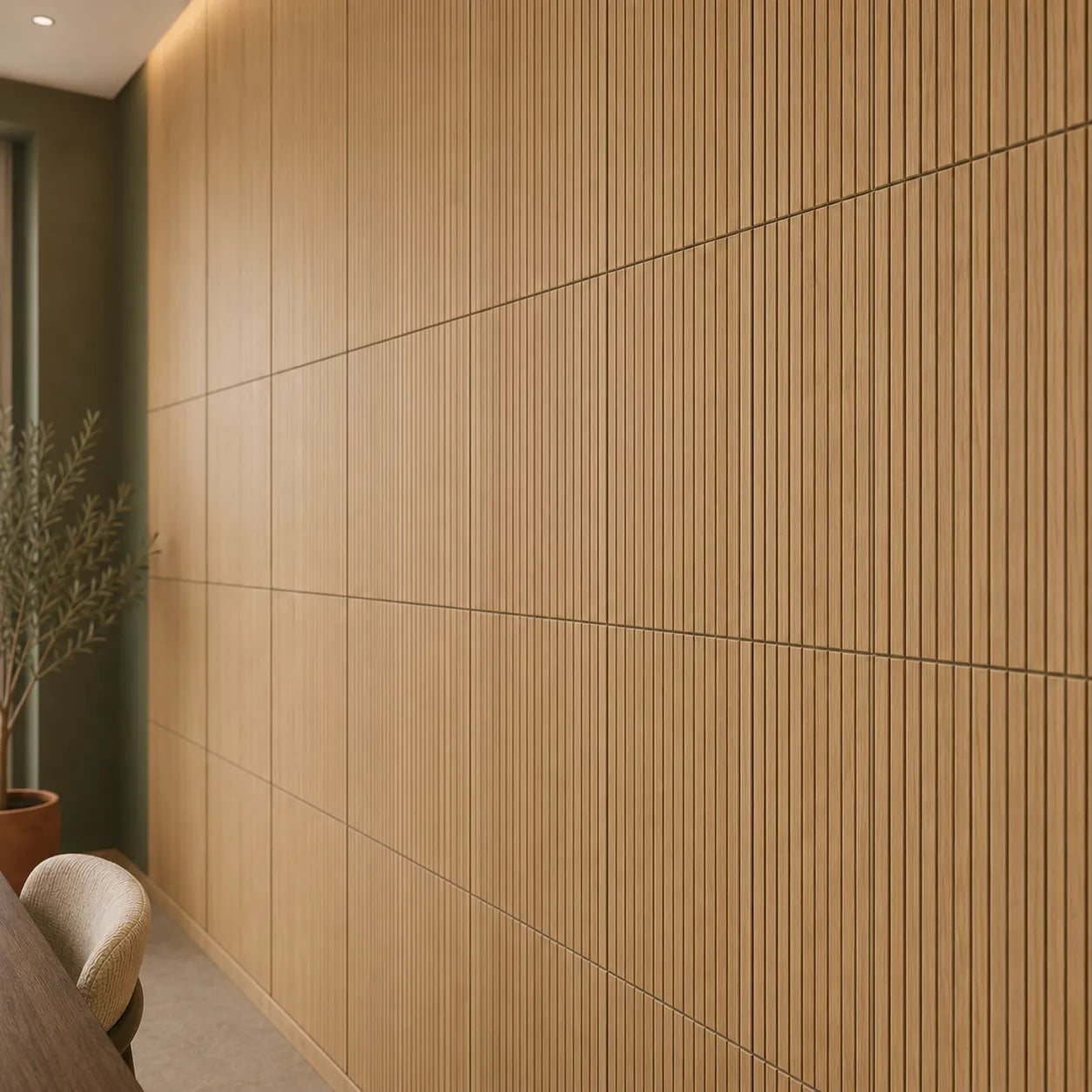 Close-up angled view of oak-effect GrooveCraft milled MDF acoustic wall panels showing fine vertical grooves, precise joints and natural wood texture