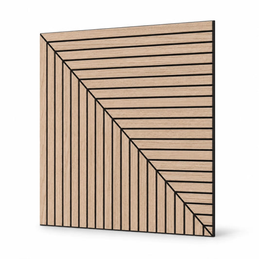 GrooveCraft milled acoustic wall panel with oak veneer slats and a geometric corner pattern on black MDF