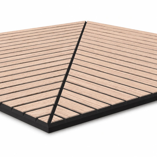 Close-up perspective of an oak veneer acoustic panel with perpendicular slats meeting along a diagonal black groove