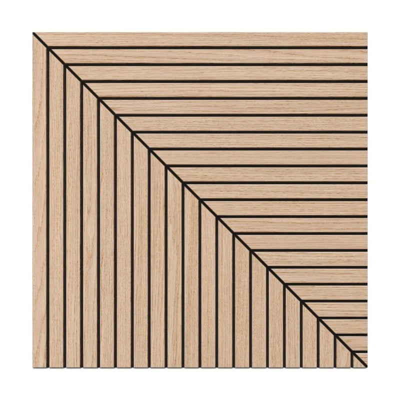 Front view of a square oak veneer acoustic wall panel with horizontal and vertical slats forming a diagonal corner design