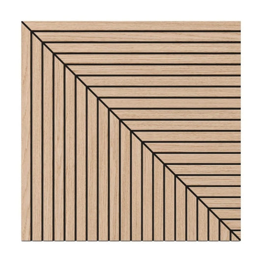 Front view of a square oak veneer acoustic wall panel with horizontal and vertical slats forming a diagonal corner design