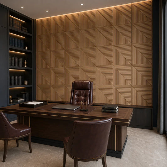 Luxury executive office with a dark wood desk, brown leather chairs and geometric oak-effect GrooveCraft milled MDF acoustic wall panels