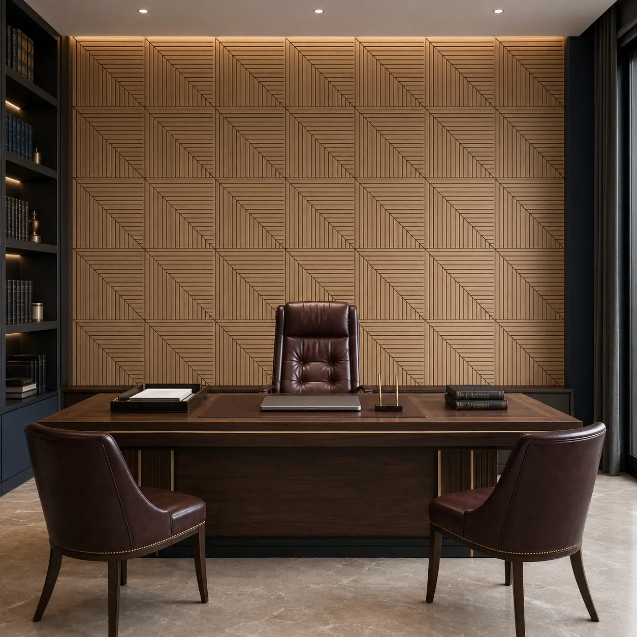 Front view of an elegant executive office featuring a dark wood desk, leather chairs and a full wall of geometric oak-effect GrooveCraft milled MDF acoustic panels