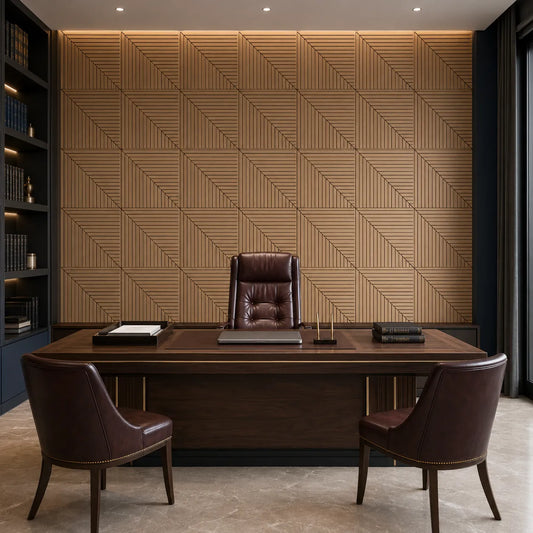 Front view of an elegant executive office featuring a dark wood desk, leather chairs and a full wall of geometric oak-effect GrooveCraft milled MDF acoustic panels
