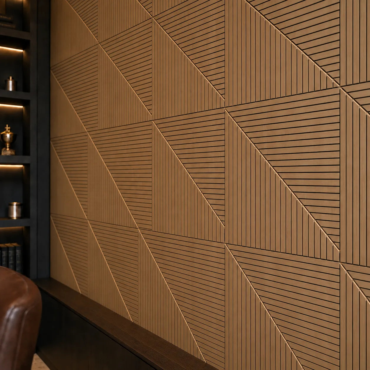 Close-up angled view of geometric oak-effect GrooveCraft milled MDF acoustic wall panels with precise linear grooves and black recessed details