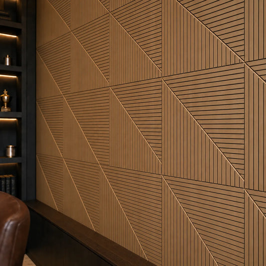 Close-up angled view of geometric oak-effect GrooveCraft milled MDF acoustic wall panels with precise linear grooves and black recessed details