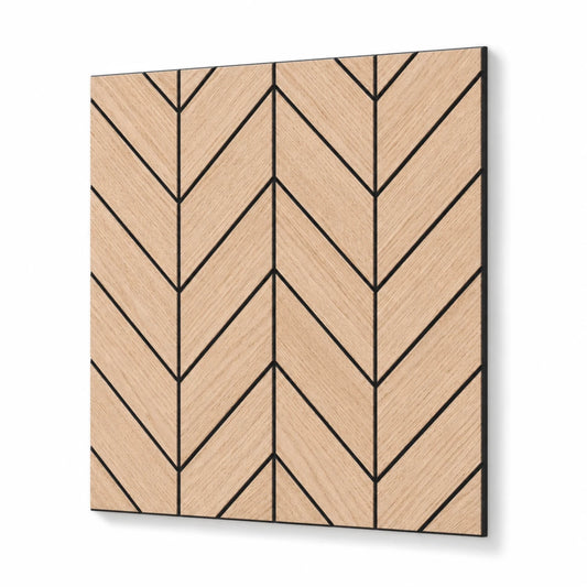 Angled product view of a square oak veneer acoustic wall panel with a geometric chevron pattern and black MDF grooves