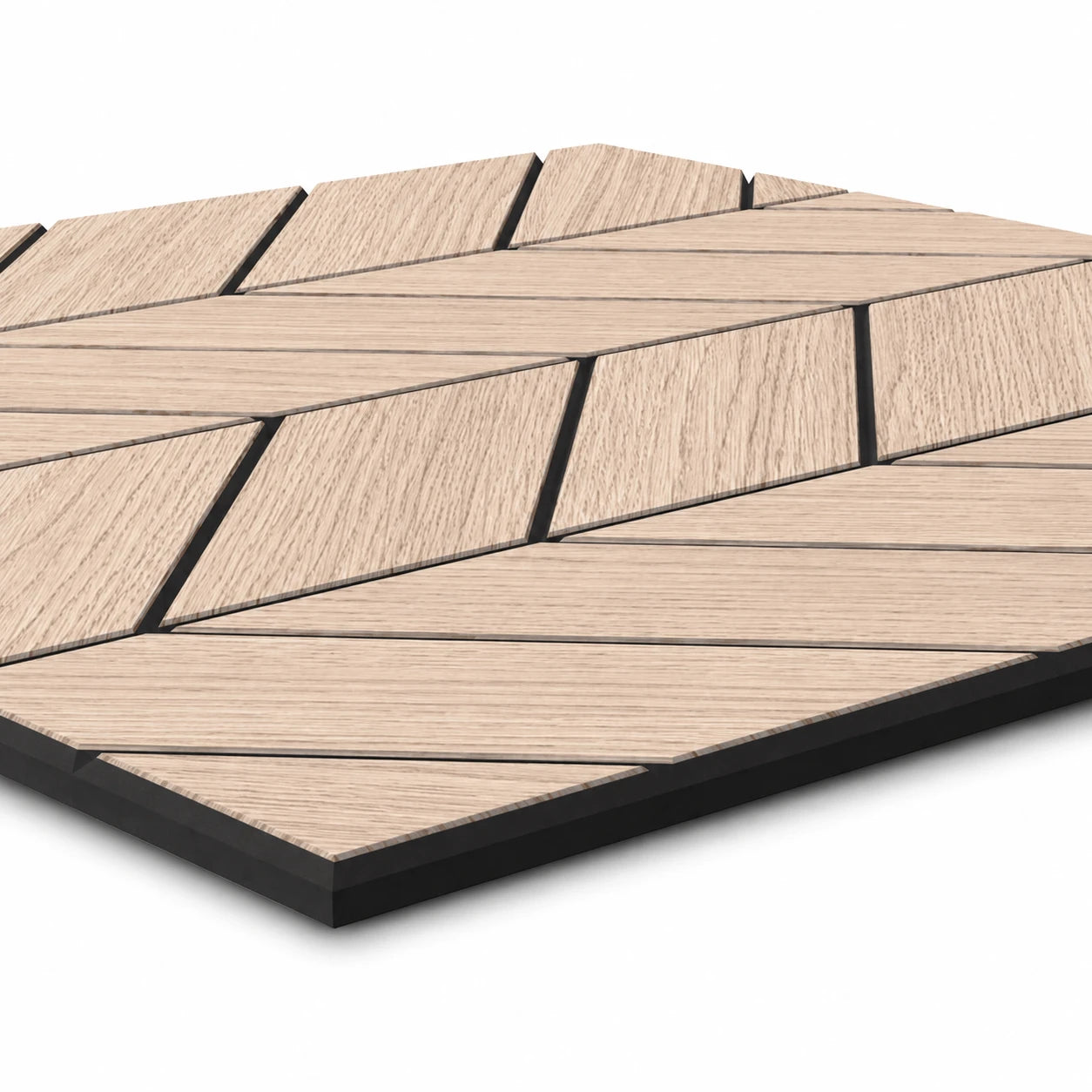 Close-up perspective of an oak veneer acoustic wall panel with raised chevron sections and black recessed grooves