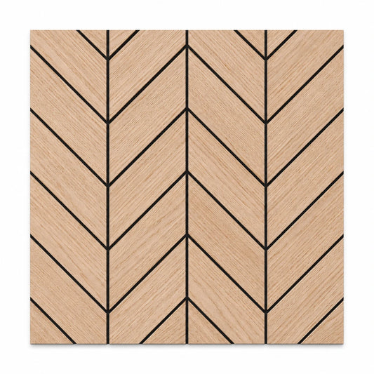 Front view of a square oak veneer acoustic wall panel with black chevron grooves forming a repeating herringbone pattern