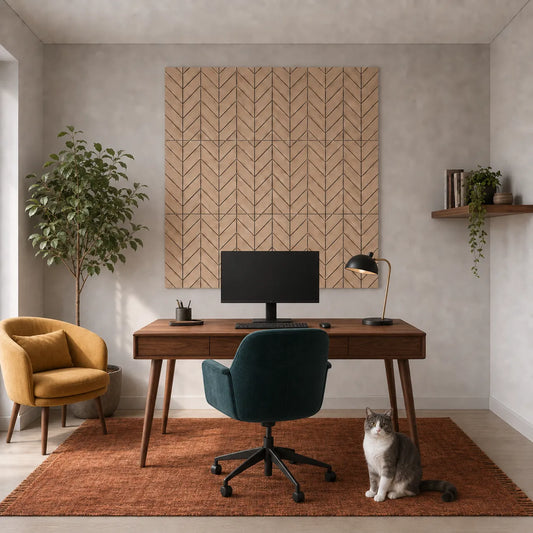 Modern home office with a walnut desk, teal chair, mustard armchair, grey cat and oak-effect GrooveCraft milled MDF acoustic wall panels