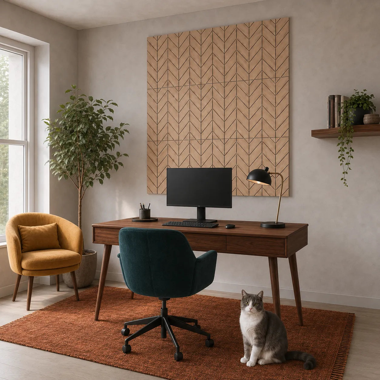 Angled view of a stylish home office featuring a walnut desk, teal chair, grey cat and geometric oak-effect GrooveCraft milled MDF acoustic wall panels